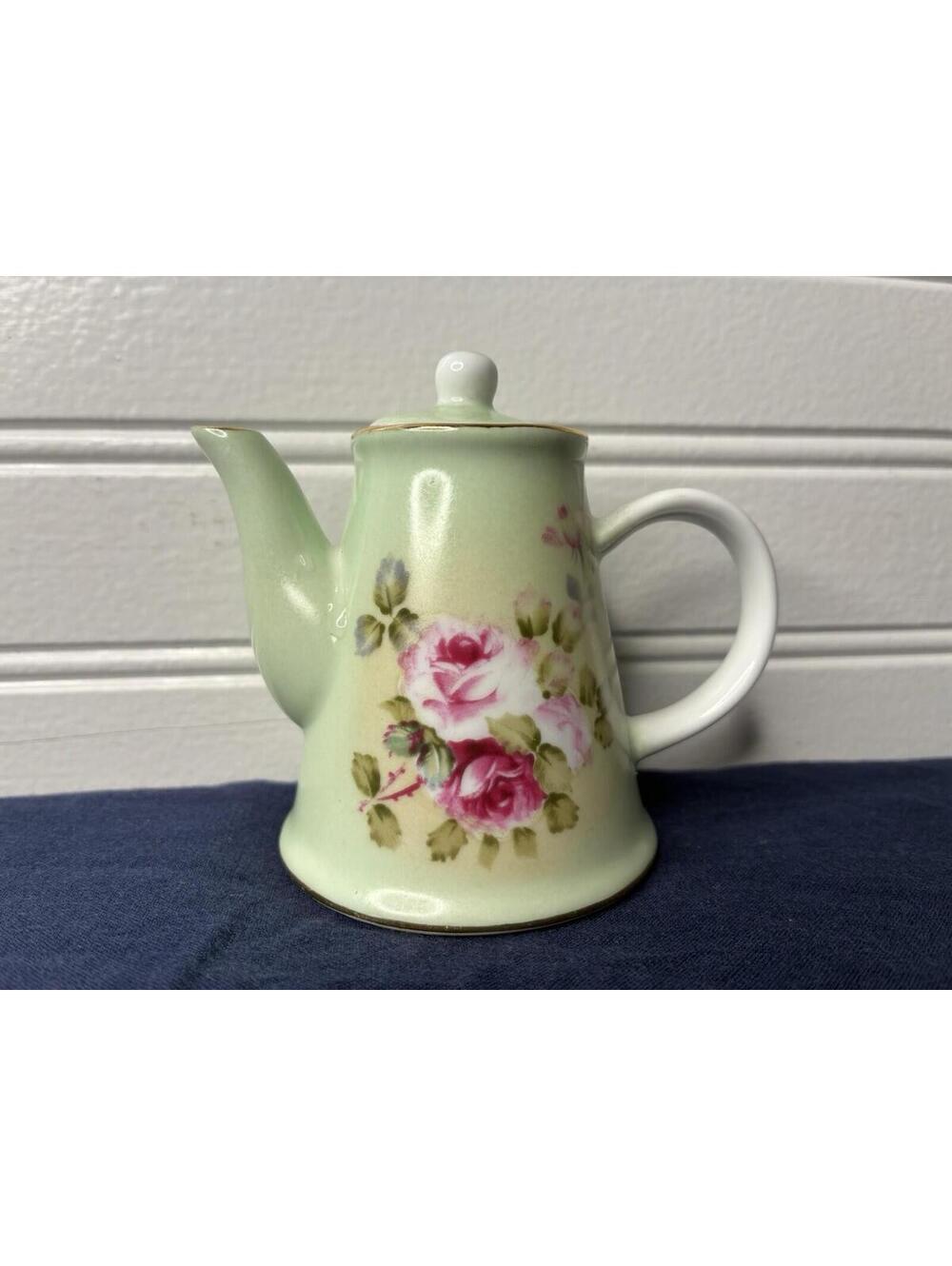 Miniature Vintage Ceramic Floral Teapot - Light Green with Pink Roses